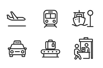 Travel Arrival Icons. Outline icon set of arrival concepts: airplane landing, train arrival, ship docking, bus stop, taxi pickup,