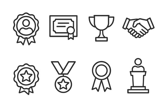 Corporate Awards Icons. Outline icon set of corporate awards: employee of the month badge, certificate, trophy cup, handshake,