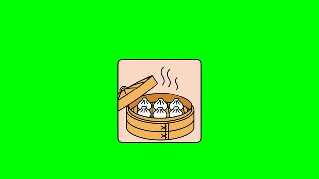 Cartoon flat design showing hot dim sum dumplings inside wooden steamer basket with steam rising