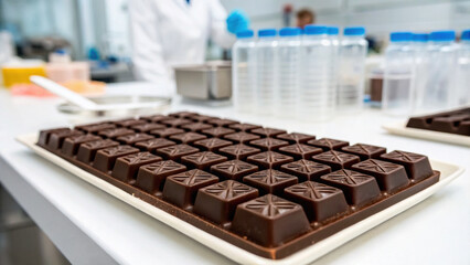 Precise clinical lab environment for quality food production. scientist in white coat develops new chocolate candy in modern laboratory for gourmet dessert testing
