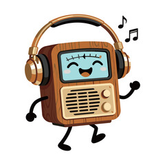 Cute vintage radio mascot with headphones. Funny smiling music character listening to songs. Audio entertainment concept.