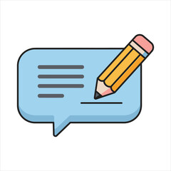 Cartoon pencil writing on a light blue speech bubble with text lines.