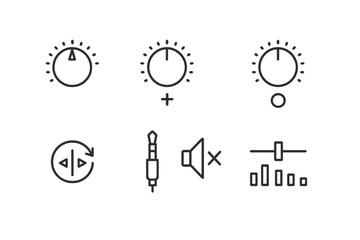 DJ Sound Control Icons. Outline icon set of DJ sound control: volume knob, bass boost, treble knob, balance control, headphone