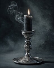 Burning black candle in an ornate silver candlestick with wisps of smoke on a dark background.