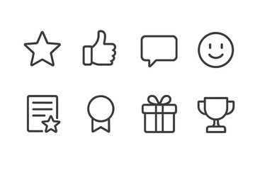 Social Feedback Icons. Outline icon set of social feedback: star rating, thumbs up, comment, emoji face, review, badge, gift,