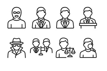 Hidden Agenda Icons. Outline icon set of hidden agenda participants: masked person, businessman, politician, spy, diplomat, lawyer