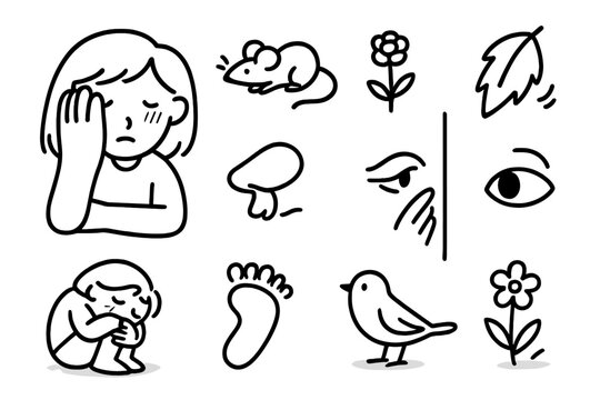 Shy Doodle Illustration. Hand-drawn doodle illustration timidity shy face, hiding behind hand, blushing cheeks, small mouse,