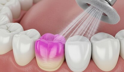  Oral hygiene: Air flow teeth cleaning process. Dental 3D illustration 