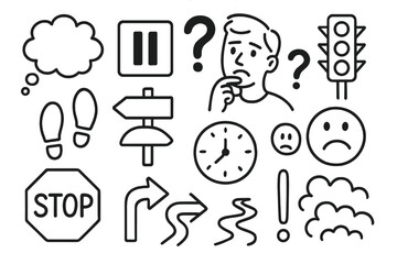 Hesitation Symbols Doodle. Hand-drawn doodle illustration moment of hesitation thinking bubble, pause button, question mark,
