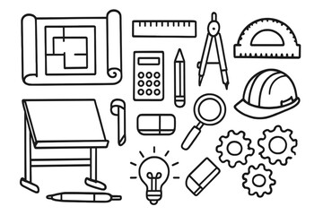 Fototapeta premium Engineering Tools Doodle. Hand-drawn doodle illustration blueprint presentation blueprint sheet, rolled paper, ruler, pencil,