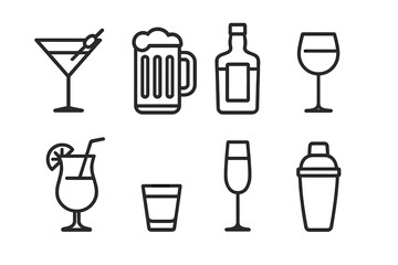 Bar Drink Icons. Outline icon set of themed bar drinks: martini glass, beer mug, whiskey bottle, wine glass, tropical cocktail,