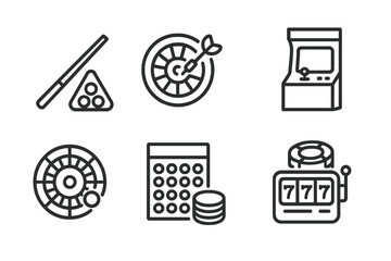 Bar Games Icons. Outline icon set of themed bar games: pool cue, dartboard, cards, arcade machine, roulette wheel, bingo card,