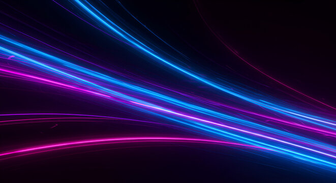 Abstract neon light trails in blue and pink against a dark background