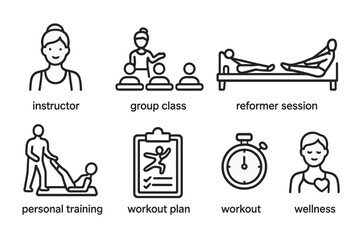 Pilates Lifestyle Icons. Outline icon set of pilates classes and training: instructor, group class, mat session, reformer session,