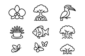 Flora, Fauna, Cuisine Icons. Outline icon set of Singaporean flora and fauna: Orchid, Mangrove tree, Pink dolphin, Hornbill bird,
