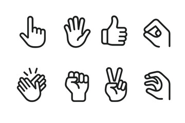 Hand Gesture Icons. Outline icon set of hand and finger movements: pointing finger, waving hand, thumbs up, pinch gesture,
