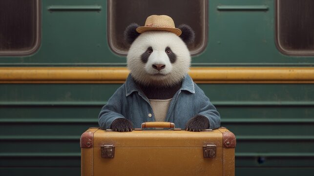 Whimsical panda boarding train with suitcase in fun travel scene