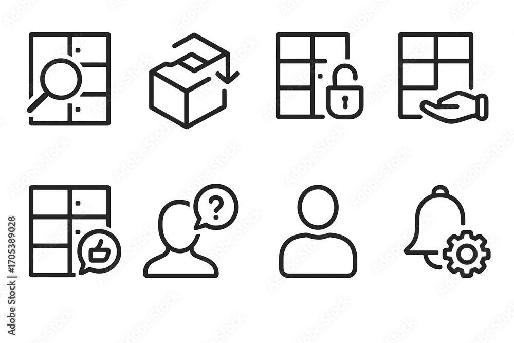 Poster user interaction icons. outline icon set of user interactions: locker search, package reservation, l
