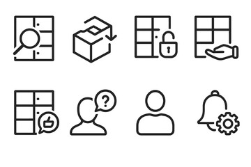 User Interaction Icons. Outline icon set of user interactions: locker search, package reservation, locker unlock, package