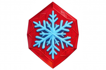 Light blue snowflake on a red octagon representing christmas celebrations, with transparent background