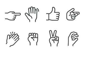 Fototapeta premium Hand Movements Icon Set. Outline icon set of hand and finger movements: pointing finger, waving hand, thumbs up, pinch gesture,