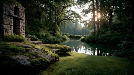 Serene natural landscape featuring lush green forest with towering trees tranquil river reflecting sunlight moss-covered rocks and peaceful outdoor scenery