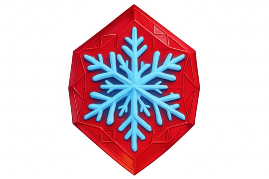 Light blue snowflake on a red octagon representing christmas celebrations, with transparent background