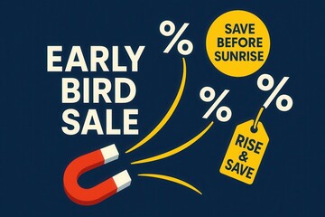 Early Bird Sale and Rise & Save promo with Save Before Sunrise discount offer, modern flat style, eye-catching retail promotion.