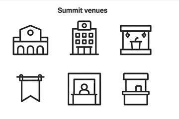 Summit Venue Icons. Outline icon set of summit venues: convention center, hotel, stage, seating area, banner, entrance gate,