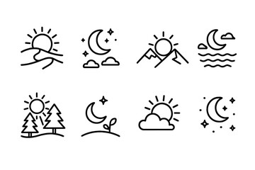 Sun and Moon Icons. Outline icon set of sun and moon nature scenes: desert sun, night sky moon, mountain sunrise, ocean moonlight,
