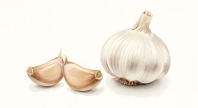 Fresh garlic bulb and cloves detailed watercolor illustration for culinary designs and healthy recipes, capturing the organic beauty of natural ingredients
