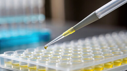 Precise micropipette transfers yellow sample for clinical analysis of food in modern science lab. This diligent work key part of scientific research and discovery