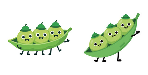 Two cute pea pod characters with happy faces and hats. Funny smiling vegetable mascots. Healthy food concept.