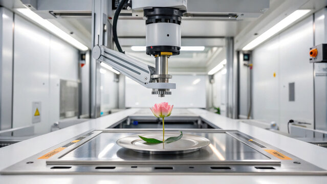 Robotic arm in clean clinical lab gently holding pink rose for testing. This automation technology demonstrates precision handling used for delicate organic material or food