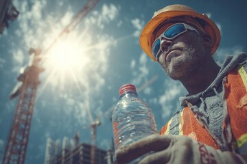 Protective gear and water: construction worker in extreme heat.