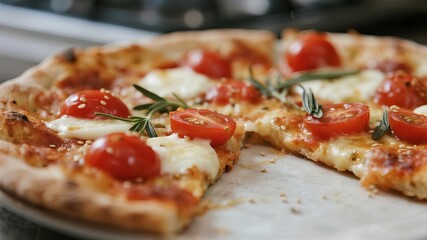 Close-Up of Vegetarian Pizza Garnished with Cherry Tomatoes, Melted Mozzarella Cheese, and Fresh Oregano