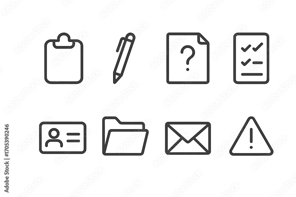 Poster lost item icons. outline icon set of lost item report: clipboard, pen, document with question mark, 