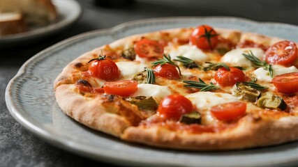 Close-Up of Vegetarian Pizza Garnished with Cherry Tomatoes, Melted Mozzarella Cheese, and Fresh Oregano