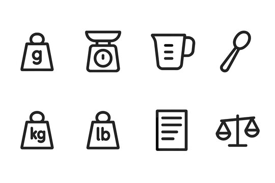 Serving Size Icons. Outline icon set of serving size and weight: gram weight, ounce scale, cup measure, tablespoon, kilogram,