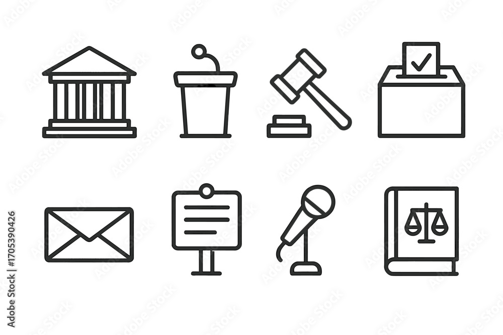 Aufkleber official declaration icon set. outline icon set of official declaration objects: government building