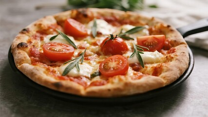 Close-Up of Vegetarian Pizza Garnished with Cherry Tomatoes, Melted Mozzarella Cheese, and Fresh Oregano