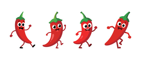 Obraz premium Cute cartoon chili peppers with happy faces. Funny smiling vegetable characters walking and waving. Spicy food concept.
