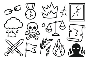 Symbols of Decline. Hand-drawn doodle illustration dishonor and infamy broken chain, cracked medal, fallen crown, shattered glass,