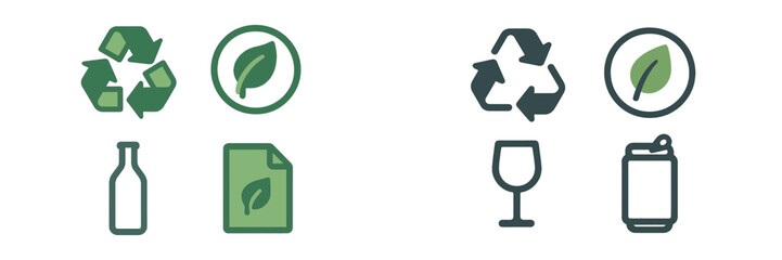Recycling symbols and eco-friendly icons for bottle, paper, and can