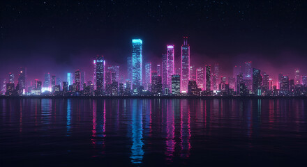 Fototapeta premium Futuristic holographic city skyline reflected on glassy water, digital night scene