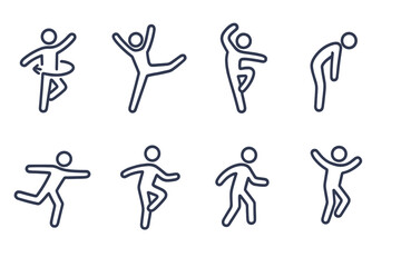 Naklejka premium Dance Icon Set. Outline icon set of dance movements: twirl, leap, pose, bow, slide, spin, step, jump. Line icons in only black