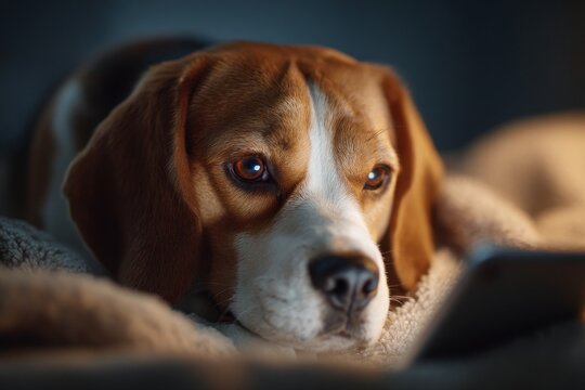 Digital entertainment beagle watches dog videos in comfort