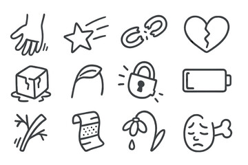 Fototapeta premium Symbols of Fragility. Hand-drawn doodle illustration losing grip slipping hand, falling star, broken chain, cracked heart, melting