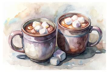 Watercolor hot cocoa mugs with marshmallows 