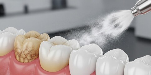 Oral hygiene: Air flow teeth cleaning process. Dental 3D illustration 
